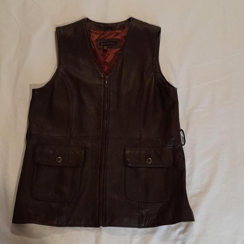 OTHELLO PELLE Chocolate Brown Leather Zip Front Utility Vest Women L